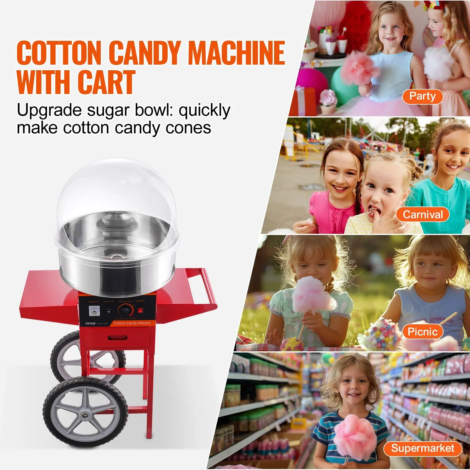Spring New Arrivals 1000W Commercial Electric Cotton Candy Machine with Cart, Cover, Stainless Steel Bowl, Sugar Scoop & Drawer, Voltage Adjust Feature for Kids, Carnivals, Parties, Festivals, Red, Cart Wheels