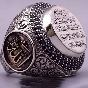 A Vintage Bohemian Style Wide-faced Ring For Men, Inlaid With Black Gemstones And Engraved With Eastern Scriptures, Suitable For Daily Wear And Hip-hop Parties.