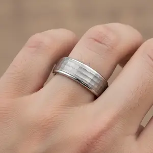 Men's Wedding Band Male Ring 9mm Wide Engagement Band Hammered Ring Silver Tungsten High Polished Stepped Edges Rings For Men Christmas Gift