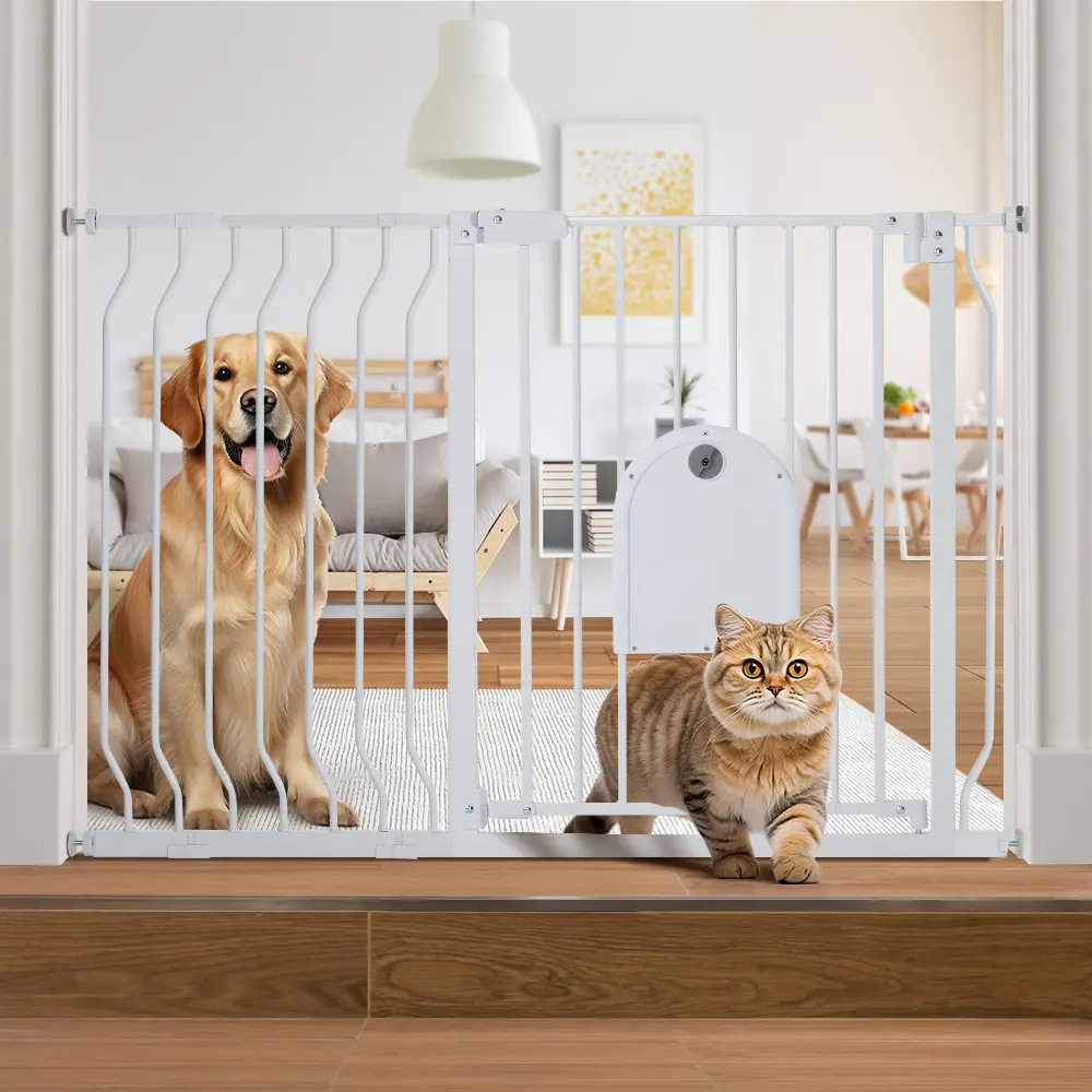 29.5-48.4" Pet Gate with Adjustable Cat Door,Extra Wide Metal Cat Gate for Stairs Doorways, Auto Close Dog Gate with Pet Door for House, Pressure Mounted Easy Walk Through (30" Tall, White), dealsforyou, summerwins, restock, dealsforyoudays, DFYD