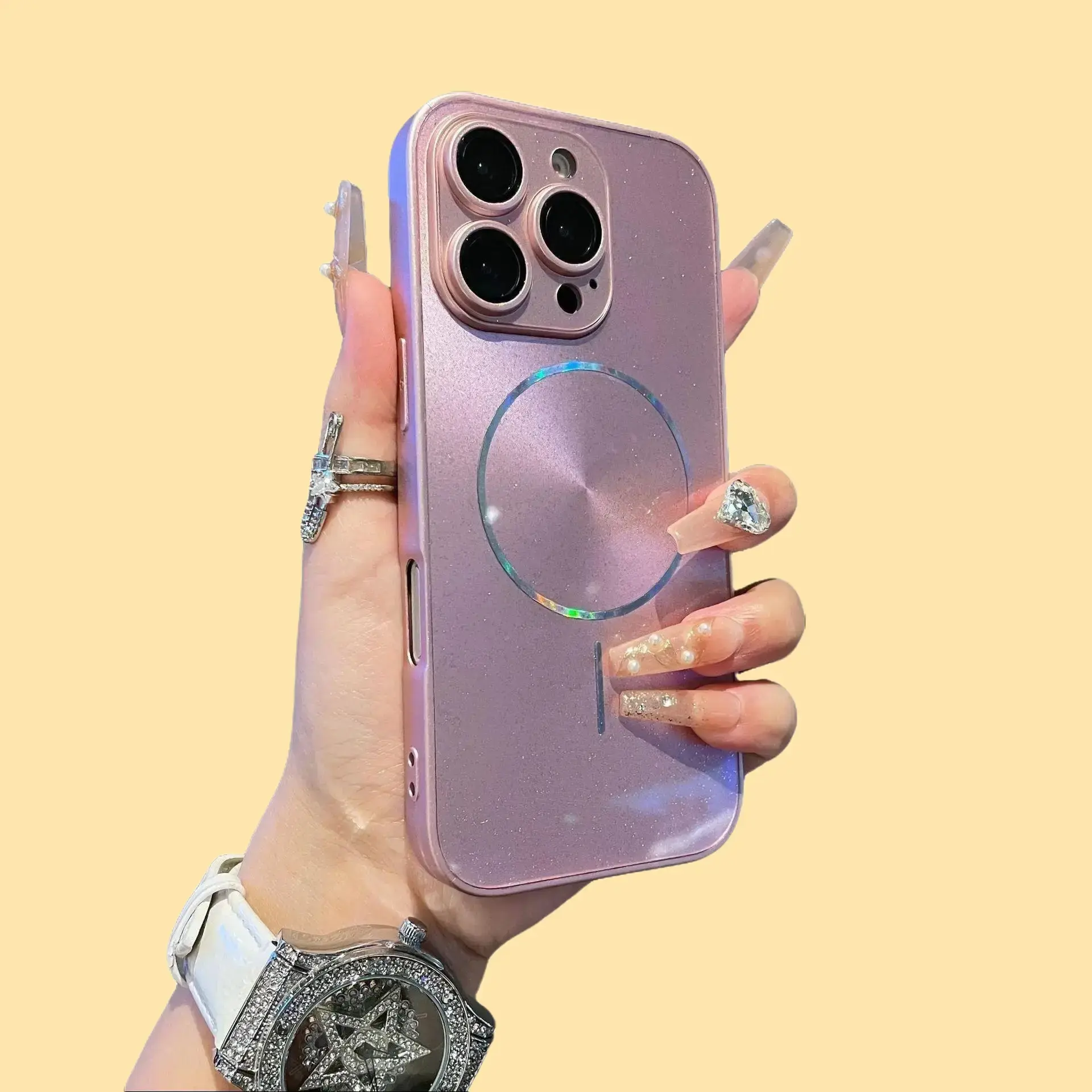 Glam Ice Crystal Sparkle Glitter Case for iPhone 13–17 Pro Max & Plus, Magnetic Shockproof Anti-Drop Cover with Full Lens Protection, Trendy Fashion Bling Phone Accessory for Women