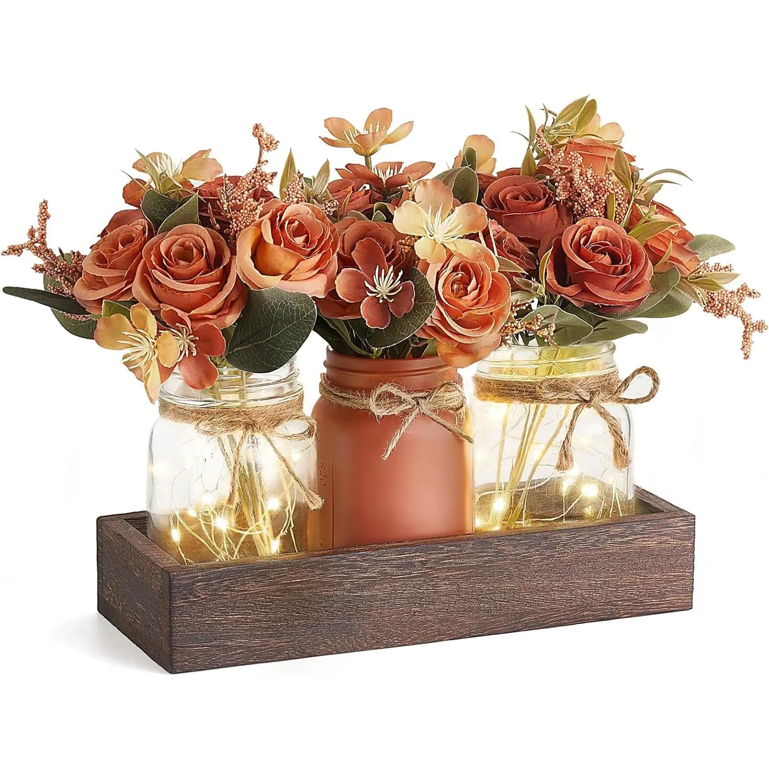 Mason Jar Lights Centerpiece, Gift for Mom, Table Decor for Dining Room Farmhouse Wood Tray with 3 Jars Flowers Center Pieces Spring Summer Decor for Kitchen Living Room