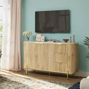 60" Natural Oak Modern Sideboard Buffet & Coffee Bar Cabinet, Large Fluted Storage Cupboard with 3 Drawers & Adjustable Shelves, Versatile TV Console for Kitchen, Dining Room, Entryway & Living Room