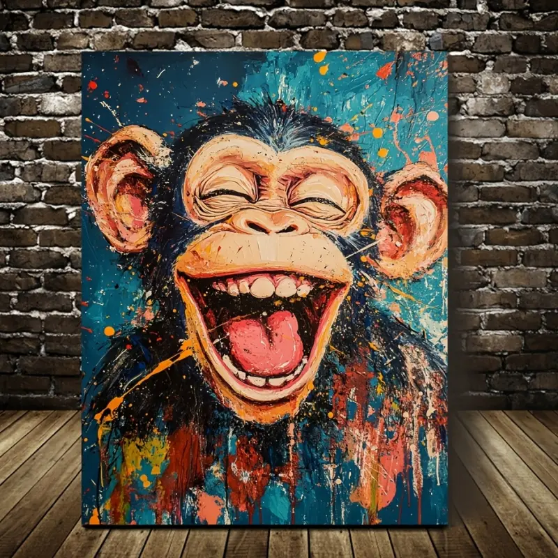 1 Piece of Vivid Abstract Monkey Canvas Art Print, - Wooden Frame, Smiling Monkey Wall Decoration, Dining Room Wall Art, Suitable for Living Room, Office, Cafe, Kitchen, Dormitory, Bathroom, Restaurant, Home Decor, Abstract Animal Wall Art