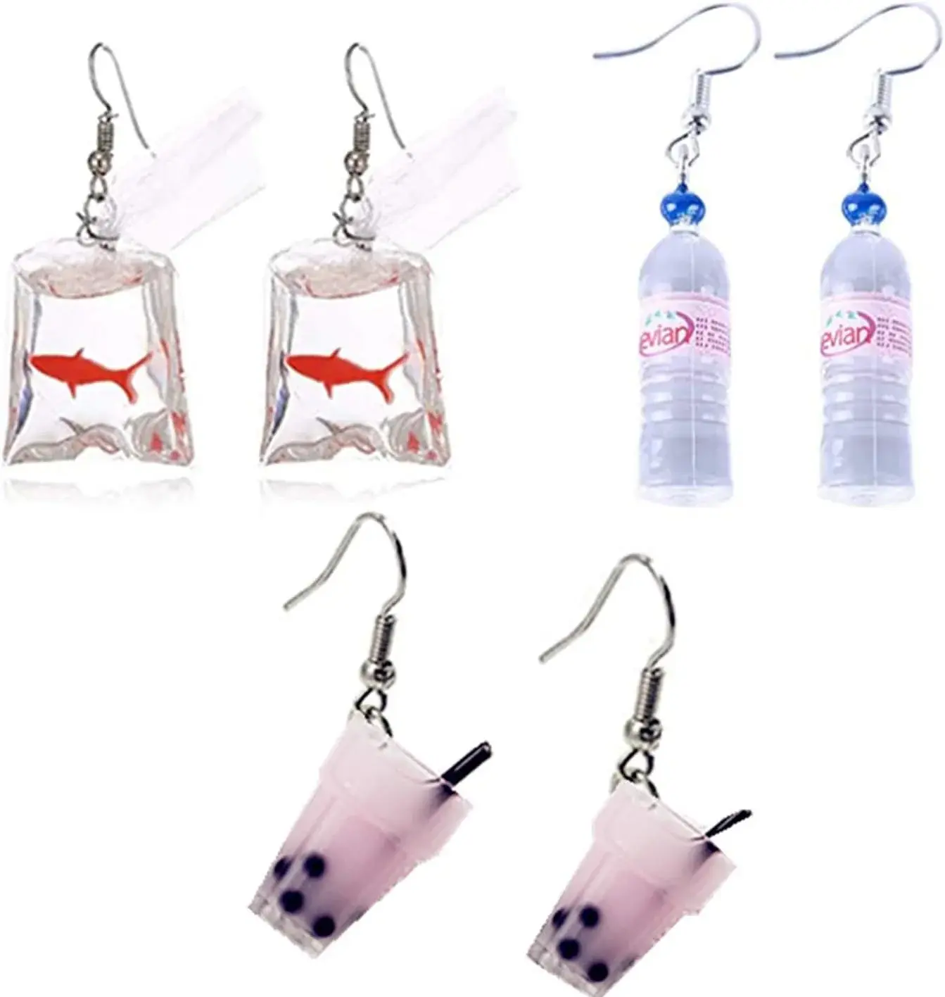 3 Pairs Funny Acrylic Water Bottle Pendant Earrings, Cute Pearl Milk Tea Dangle Earrings Colorful Glass Bottle Funny Earrings for Women Unique