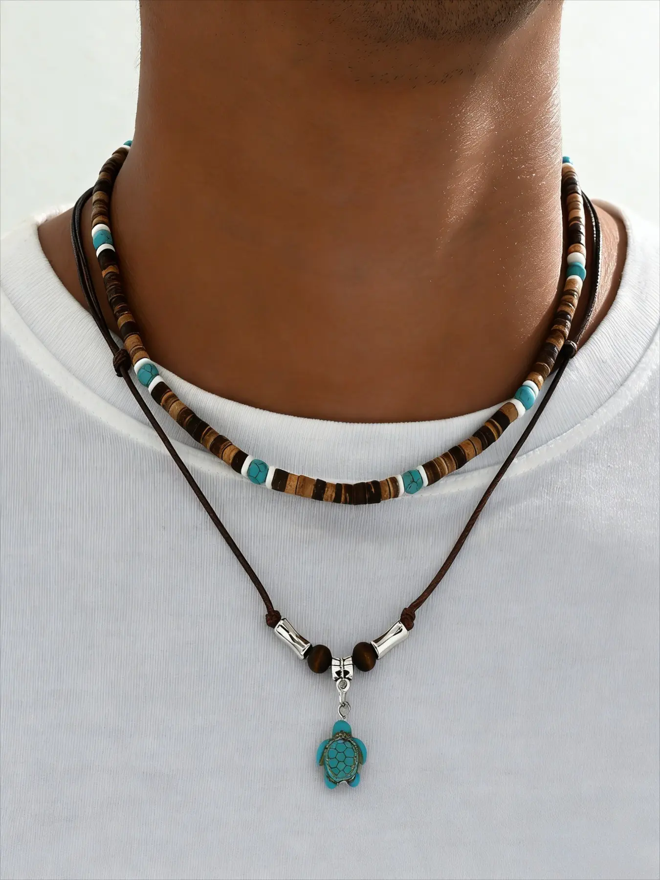 2-piece Bohemian Style Imitation Turquoise Turtle Pendant Design Charm Bead Layered Unisex Necklace for Men and Women, Retro Ethnic Style Personalized Party Vacation Necklace Set