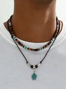 2-piece Bohemian Style Imitation Turquoise Turtle Pendant Charm Bead Layered Unisex Necklace for Men and Women, Retro Ethnic Style Personalized Party Vacation Necklace Set