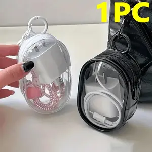 Portable Mini Transparent Zipper Storage Bag, 1 Count Compact Multi-functional Storage Bag, Fashion Headphone & Charger Box with Keychain