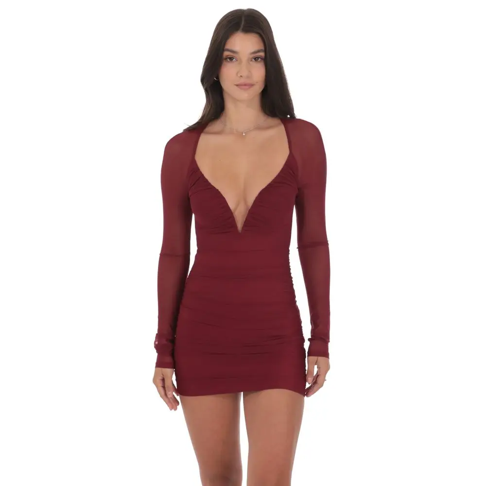 Mesh Long Sleeve Bodycon Dress in Burgundy