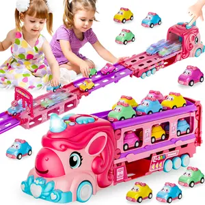 Durable Garage Multifunction Dinosaur/Princess/Unicorn Truck Toys for 2-7 Year Boys & Toddlers Foldable Track 2 Player Race Mode Light Sound Transport Carrier with 6 Dino Cars 12 Accessories Birthday Christmas Gift Idea for Kids Girls