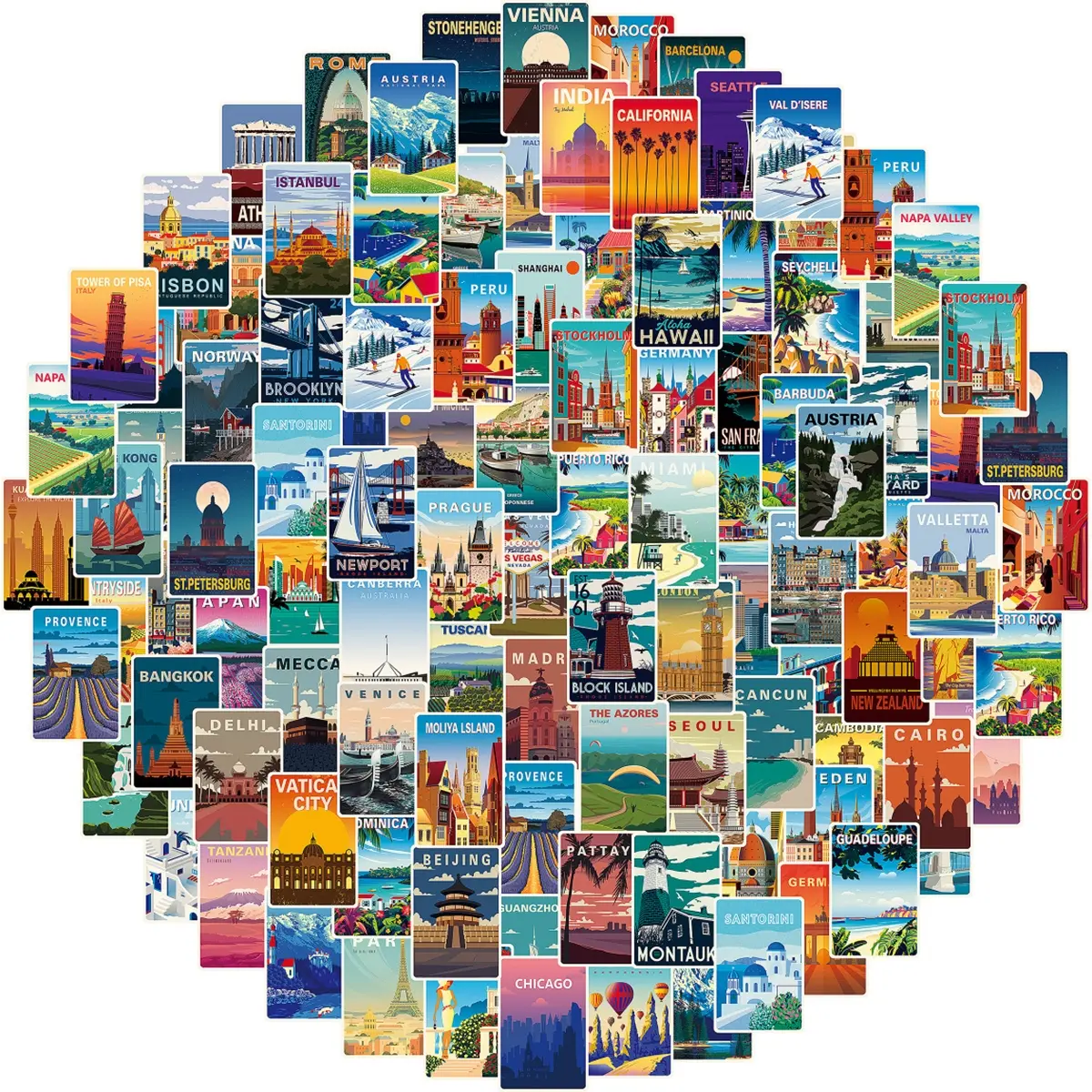 108 Vintage World Landmark Poster Stickers, Art Stickers, Decorative Stickers, City and Scenic Attractions, Travel Journaling and Decoration, Retro Style Decals, Sticker Collage Pack, Sticker Set
