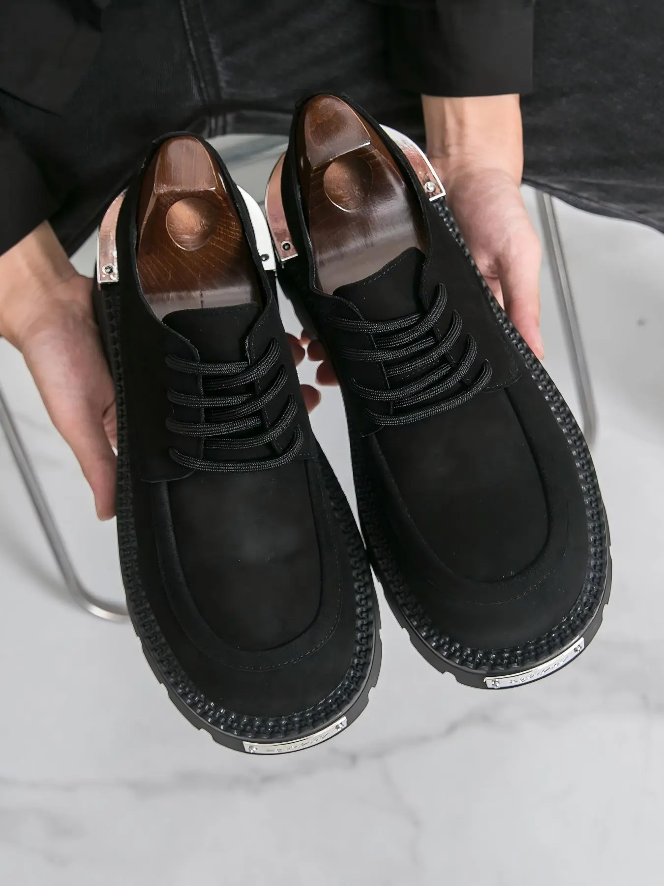 Men's Thick Rubber Sole Derby Shoes, Height Increasing Non-Slip Wear-Resistant Retro Casual Fashion Sneakers, Stylish Pointed Toe Design Walking Shoes, Low Ankle Trainers