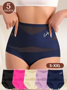 Morelect Women's High-Waisted Shapewear Underwear, Breathable Mesh, Seamless Triangle Panties, All-Seasons, Fitted Style, 5-Pack