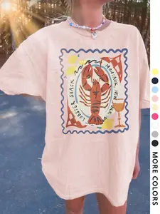 Women's Lobster & Lemon Print Round Neck Tee, Casual Fashion Graphic Stretch T-shirt for Daily Wear, Ladies Clothes for All Seasons, Tops