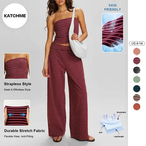 KatchMe Women's Chic Color Matching Stripe Slim Tube Top & Low-Rise Wide Leg Trousers Co-ord, Spring & Summer Holiday Outfits, Comfortable Womenswear