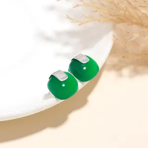 925 Sterling Silver Green Chalcedony Modern Studs Earrings