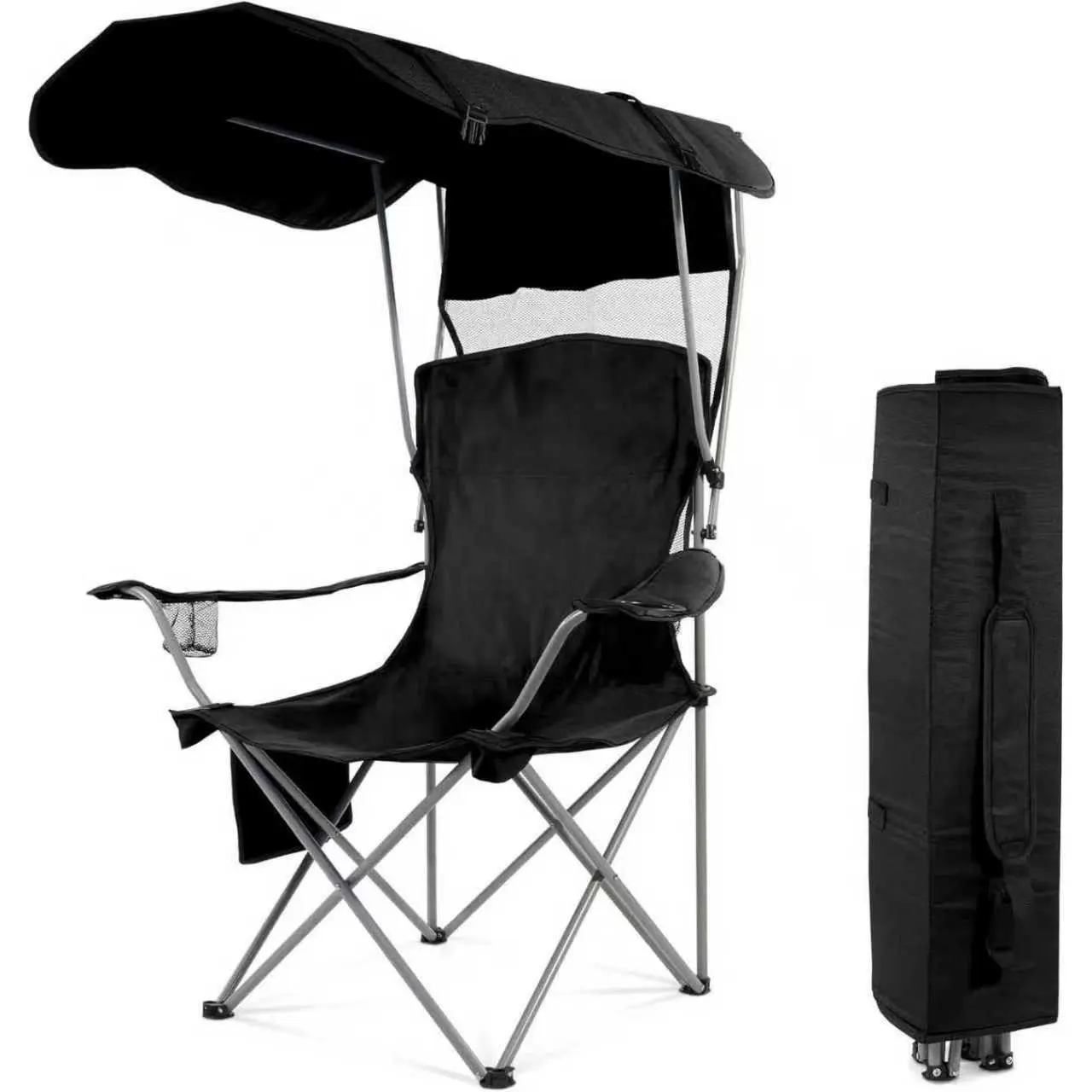 Portable Foldable Outdoor Chair with Sun Canopy, Wheeled Carry Bag,  Camping Fishing Beach Use