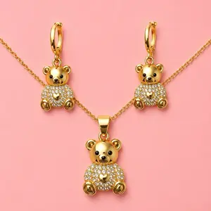 Teddy bear Necklace & earrings non-fading jewelry