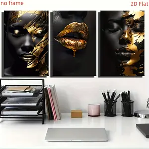 3 Pcs Gold Abstract African Women Art Print Posters, Artistic, Abstract Face Design, Modern Unframed Canvas Wall Decor for Living Room, Vibrant Home Decoration