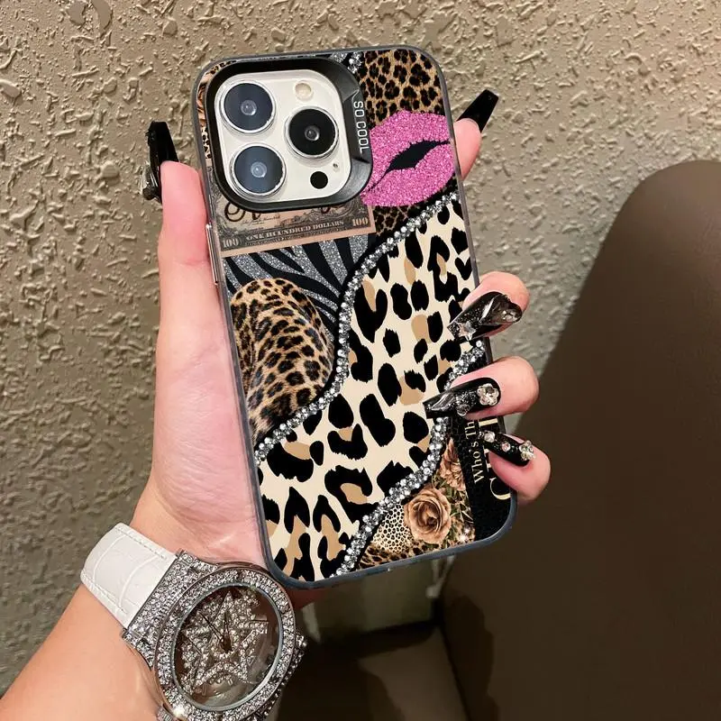 Leopard print collage with glitter lips cash and rose printed phone case for iPhone 17 Pro Max/16 Pro Max/15 Plus/14/13/12/11, perfect as a birthday or party gift. Also suitable for Galaxy S26 Ultra/S25 Plus/S24/S23/S21