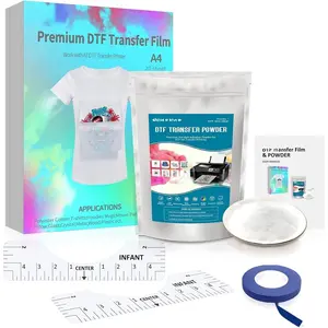 DTF Transfer Film and DTF  Set, DTF Film Starter Kit for DTF Printer, 20 Sheets A4 PET Film,8.8 oz Hot Melt ,45 ft Recognition Tape,2pcs T-Shirt Ruler Guide for Printing  T-Shirts