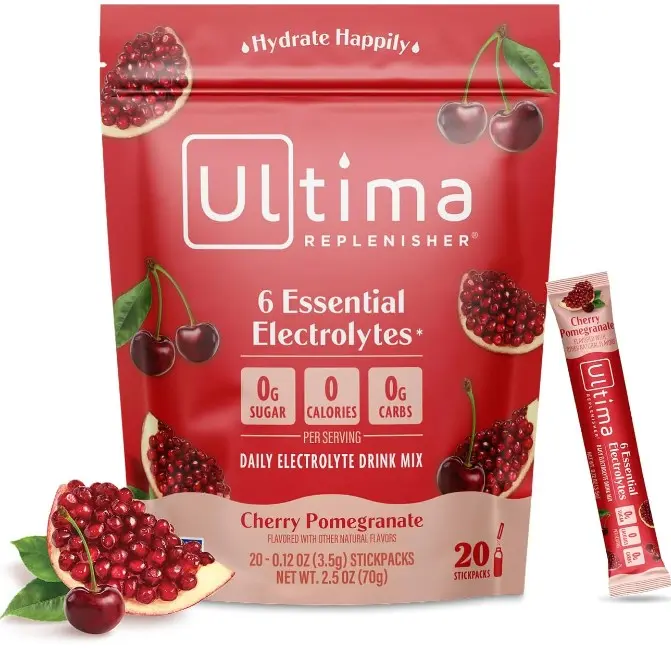 Ultima Replenisher Daily Electrolyte Drink Mix – Cherry Pomegranate, 20 Stickpacks – Hydration Packets with 6 Electrolytes & Minerals – Keto Friendly, Vegan, Non-GMO & Sugar-Free Electrolyte Powder