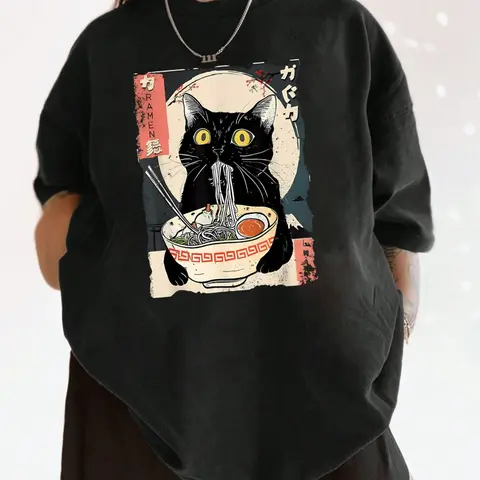 Women's Cat & Ramen Noodles Print Round Neck Tee, Animal Graphic Tee, Fashion Casual Printed Crew Neck Short Sleeve T-Shirt for Daily Holiday Vacation Outdoor Wear, Ladies Clothes for Summer