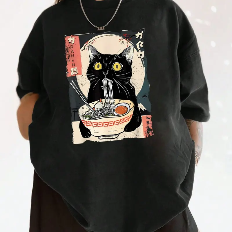 Women's Cat & Ramen Noodles Print Round Neck Tee, Animal Graphic Tee, Fashion Casual Printed Crew Neck Short Sleeve T-Shirt for Daily Holiday Vacation Outdoor Wear, Ladies Clothes for Summer