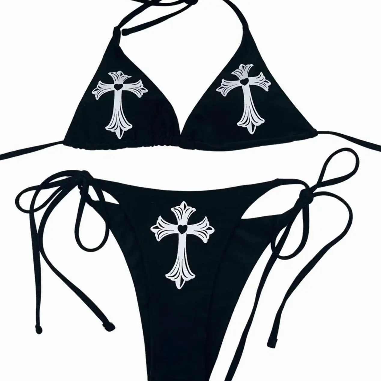 Gothic Cross Heart Y2K Bikini Set - Black All Sizes NT6 W4O
