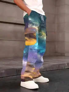 One-piece men's cargo pants casual straight leg with galaxy gradient texture, trendy and cool personality style, multi-pocket design