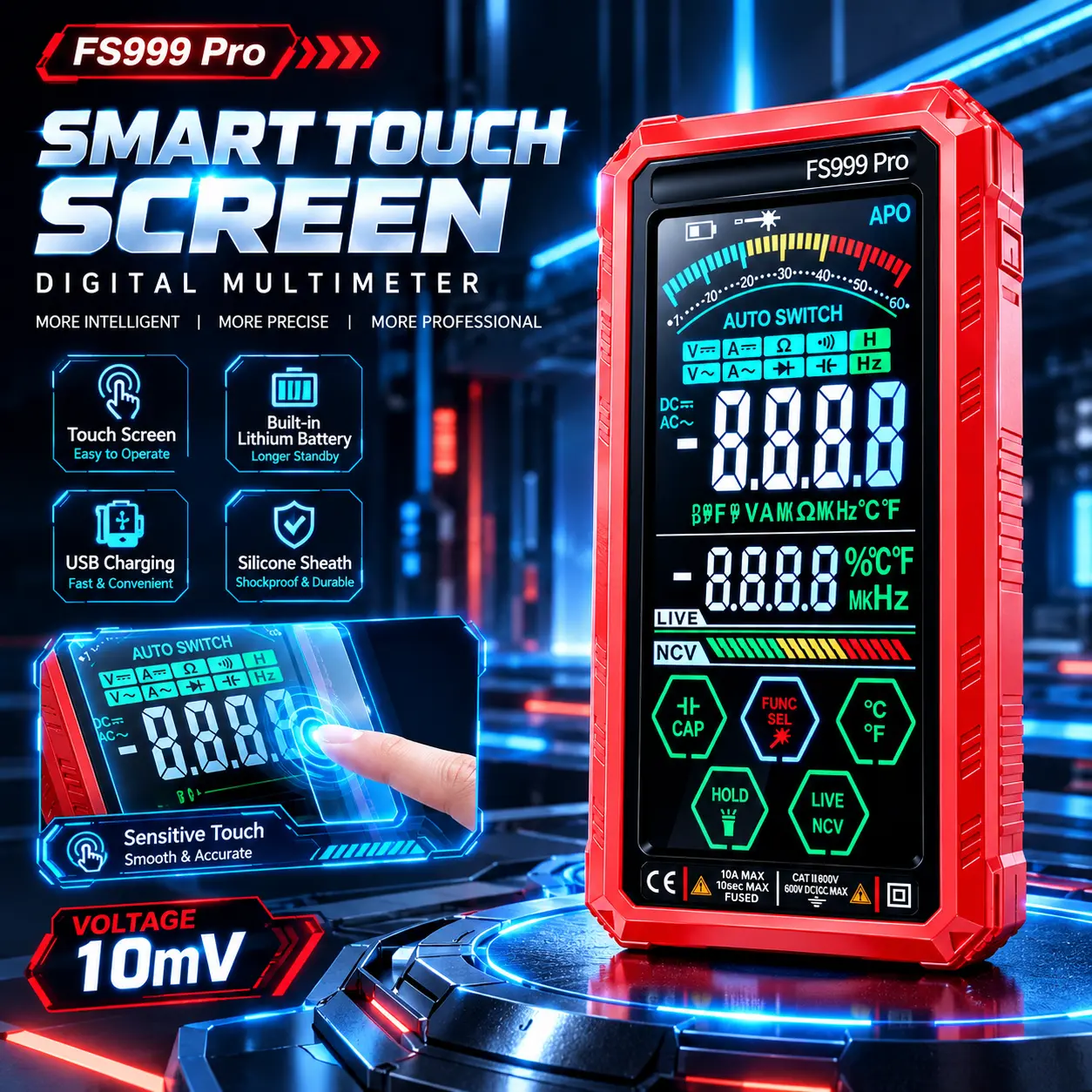 ADESKE Smart Touchscreen Digital Multimeter—A professional electrical tester featuring laser guidance, temperature testing, and a shock-resistant protective case.