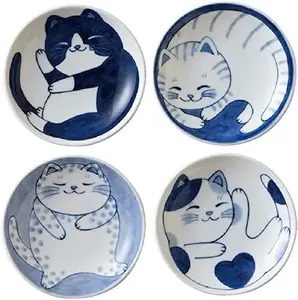 Set of 4 Japanese Small Plate Set Ceramic Cute Cats Design Appetizer Dessert Sushi Sauce Dishes,