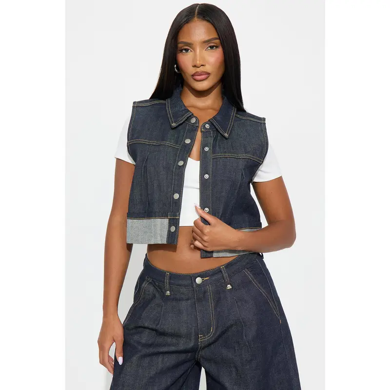 Premium Selvedge Cuffed Denim Vest - Dark Denim