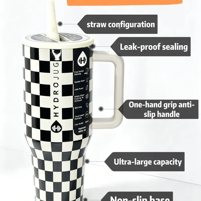 HydroJug 40oz Classic BW Checker Vector Stainless Steel Insulated Vacuum Flask - BPA-Free, Ergonomic Handle, Car Cup Holder-Friendly, Stylish Lightweight Water Bottle for Sports, Coffee, Drink Use (Brown, Sohochic)