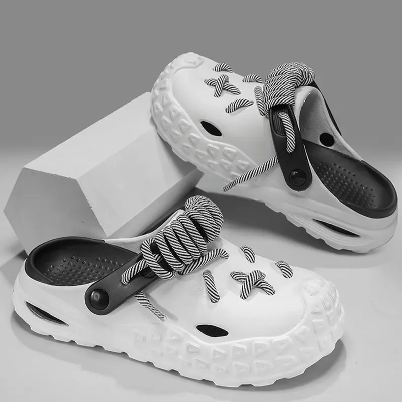 Men's Fashionable Bold Laced Clogs, Casual Comfortable Breathable Non-slip Clogs, Trendy Beach Shoes for Indoor & Outdoor Walking, Lightweight Breathable Slippers, Summer Beach Slippers