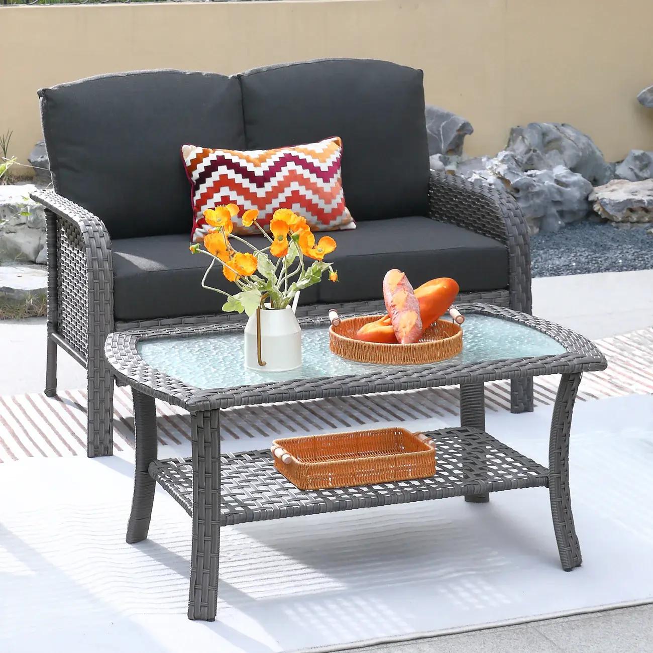 【Summerfinds】OVIOS 2-Piece Outdoor Patio Loveseat Set, Wicker Sofa with Cushions, High Back Seating with 500 LBS Capacity, Water-Resistant UV-Resistant for Backyard Patio Porch Deck Garden Balcony Outdoor Seating