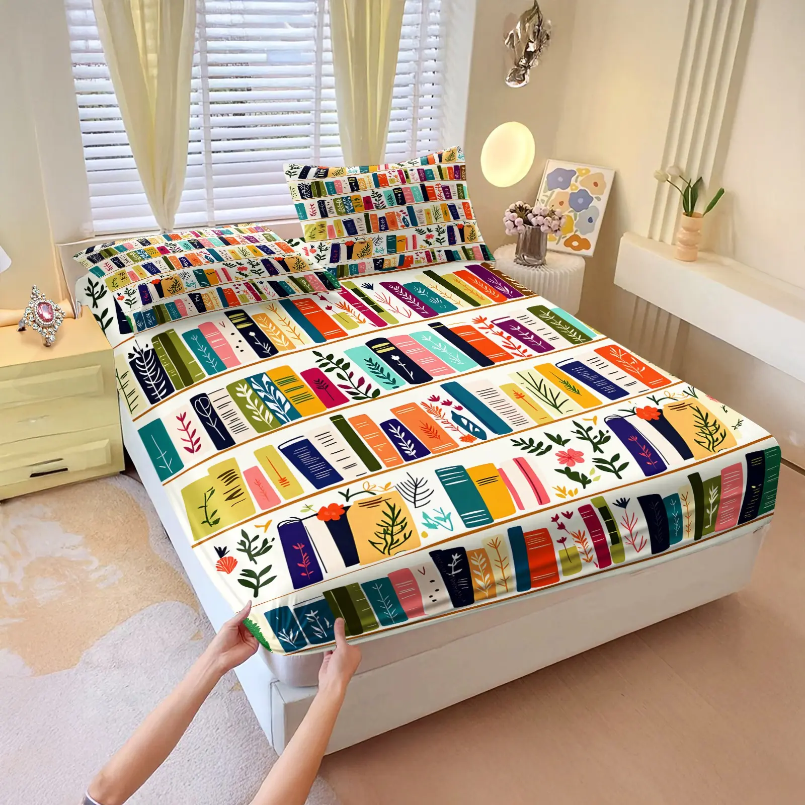 Colorful Book Spines Print Fitted Sheet Set, Wrinkle Resistant Bed Sheet Set, 3Pcs with Deep Pocket with Matching Pillowcases, Microfiber Machine Washable, Ideal Gift for Bookworms Librarians Bedroom