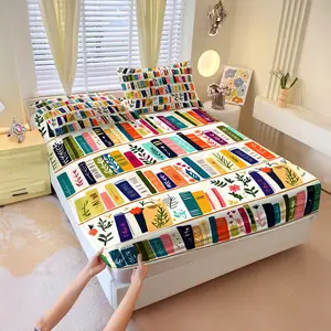 Colorful Book Spines Print Fitted Sheet Set, Wrinkle Resistant Bed Sheet Set, 3Pcs with Deep Pocket with Matching Pillowcases, Microfiber Machine Washable, Ideal Gift for Bookworms Librarians Bedroom