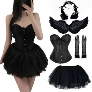 Women Girls Halloween  Angel Devil Swan Cosplay Costume Sexy Strapless Vest Skirt Wings Suit Carnival Party Roleplay Outfits