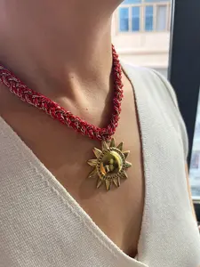 Stainless Steel 18k Sun Pendant Necklace, Statement Necklace, Braided Chain, Fashion Jewelry Gift for Women, Perfect Holiday Present