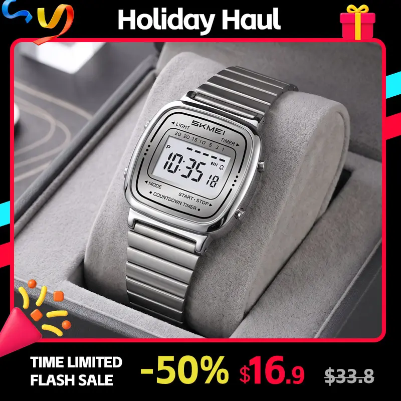 SKMEI Digital Watch for Men and Women Slim Unisex Steel Bracelet Sport Casual Wristwatch with Stopwatch Alarm Date Day and EL Backlight for Work School and Daily Wear
