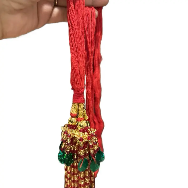 Traditional Nepali Lacha Dori Bridal Hair Piece - Decorated Bead Hair Headpiece with Red Beads, Gold Accents, Dazzling Beadwork, Embellished Design for Festive Looks, Bridal Hair Pieces, Decorated Headpieces