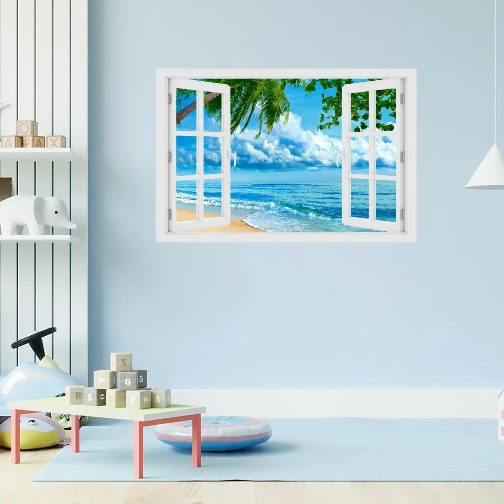 Realistic Window Scene Wallpaper Sticker, Coconut Tree Beach Wall Decal, Self-Adhesive Removable PVC Material, Room Decor, Bedroom Decoration