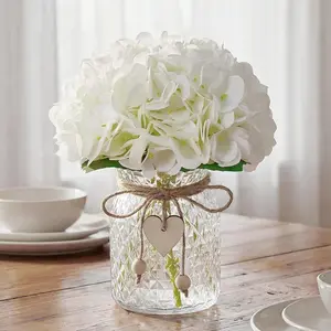 Bohemian Style Silk Artificial Hydrangea Bouquet with Glass Vase Set, Real Touch Fake Flowers for Home Office Garden Wedding Decor