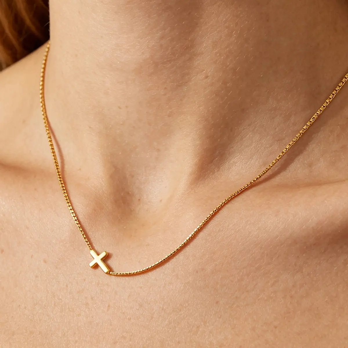 14K Gold Plated Sideways Cross Necklace for Women, Dainty Horizontal Small Cross Pendant Box Chain Necklace, Hypoallergenic Christian Religious Faith Jewelry Gifts for Girls Birthday Confirmation