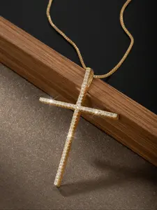 Women's Elegant Copper Inlaid Artificial Zircon Large Cross Pendant Necklace Cross Charm Necklace Perfect Gift for Women & Girls, All-Season Jewelry Accessory