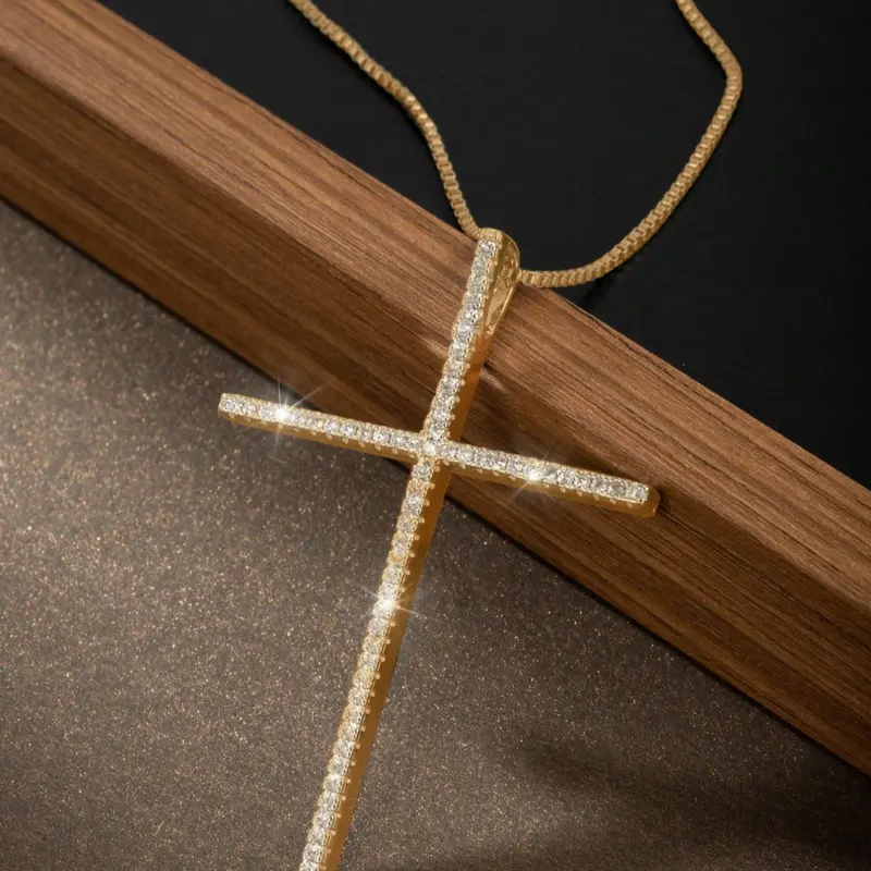 Women's Elegant Copper Inlaid Artificial Zircon Large Cross Pendant Necklace Cross Charm Necklace Perfect Gift for Women & Girls, All-Season Jewelry Accessory, Cross Necklaces, Exquisite Jewelry Gift