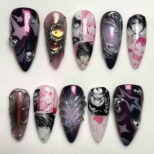 swish.nails Death Note Anime Press-On Nails, 3D Metallic Charms, Pink & Black Ombre Accents, Hand-Painted Anime Character Art, Shiny Manga-Inspired Nail Art, Handcrafted for Anime Lovers, Perfect for Gifting, Custom Handmade for Unique Looks