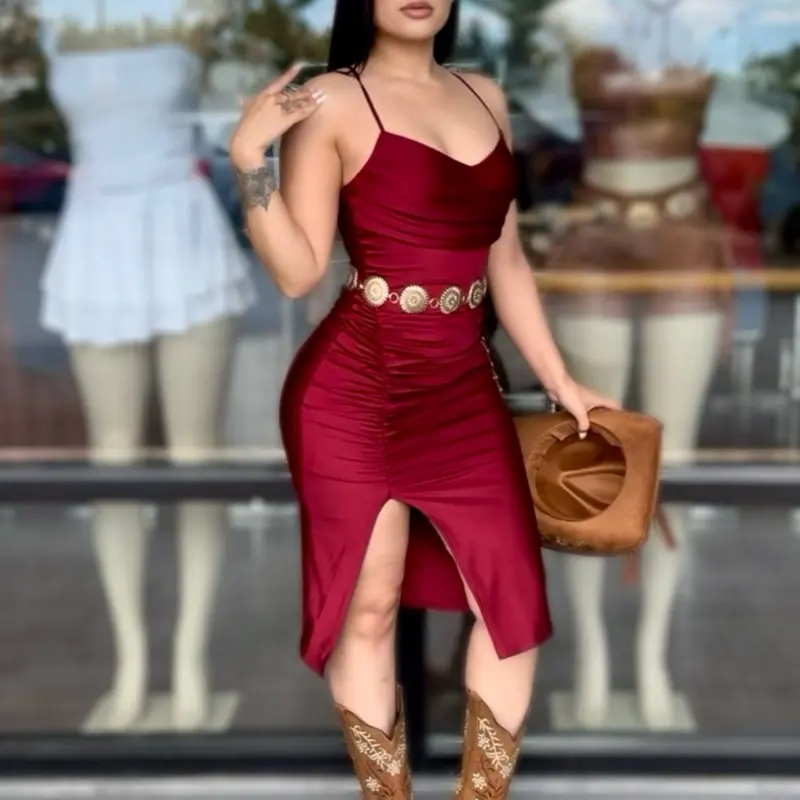 Satin midi dress with slit