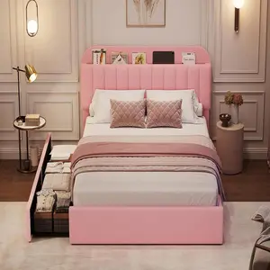 Twin Bed Frame with Storage Headboard-2 Drawers & Boucle Upholstered Platform,Bookcase Design,No Box Spring,Pink